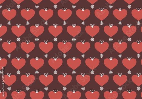Patrón decorativo de corazones rojos con lazos y copos de nieve sobre fondo marrón