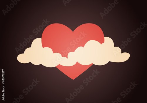 Corazón rojo entre nubes de color crema sobre un fondo oscuro degradado