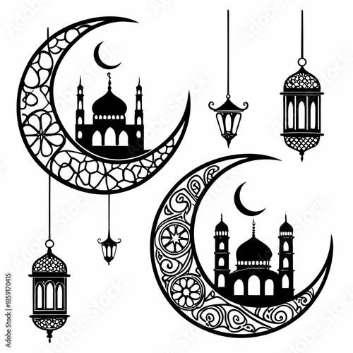 Islamic crescent moons with mosques and lanterns