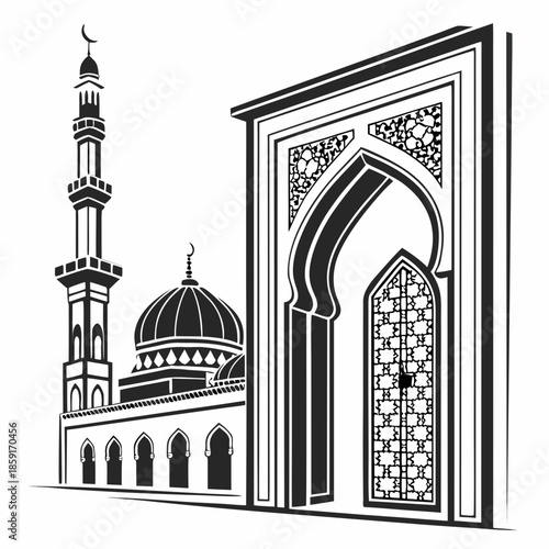 Illustrated mosque with minaret and archway