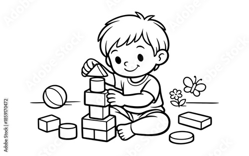 Cute cartoon child building a tower with colorful blocks, playing happily