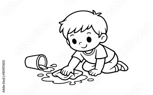 Cute cartoon boy cleaning up a spilled drink with a cloth on the floor