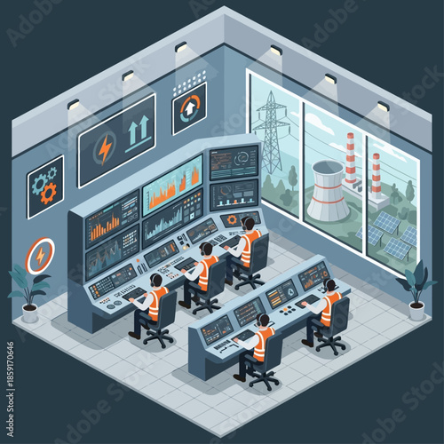Isometric view of a modern energy control room with operators monitoring power plant operations, including nuclear and solar energy sources.