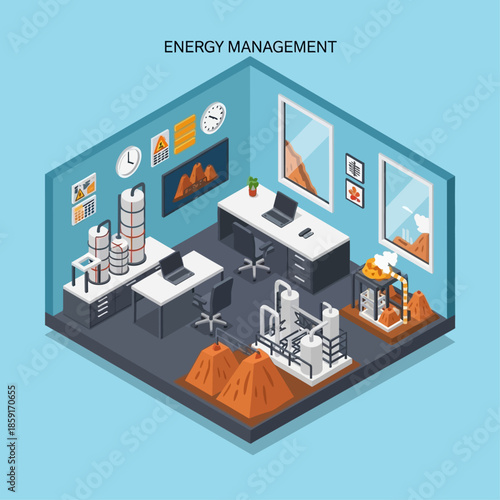 Isometric illustration of an energy management office with industrial processing equipment and raw material piles.
