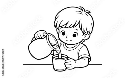 Cute cartoon boy pouring liquid from a jug into a mug with a happy expression