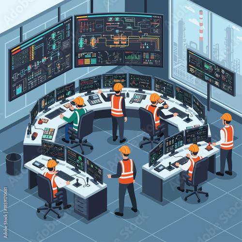A group of engineers monitoring industrial processes in a modern control room with multiple screens and data displays.