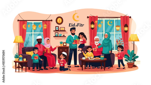 Happy Muslim Family Celebrating Eid al-Fitr Together – Islamic Holiday, Forgiveness, and Family Gathering