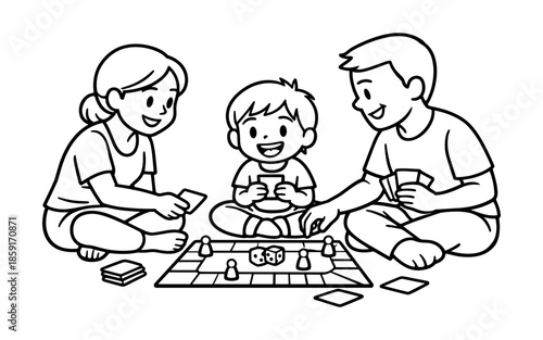 Happy family playing a board game together on the floor, enjoying quality time