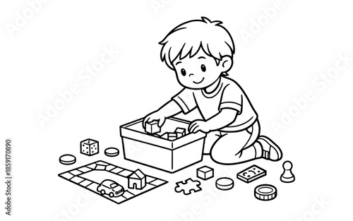 Cute cartoon boy playing with building blocks and board game pieces on the floor