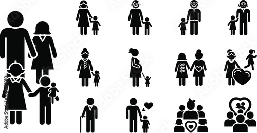 Collection of black stick figure family and parent child icons on white background father mother