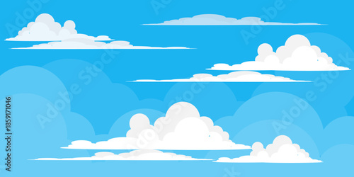 Illustration of a blue sky with white clouds in a flat style. Blue sky background and white clouds. Cartoon sky	