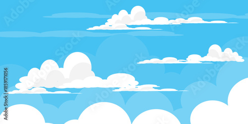 Illustration of a blue sky with white clouds in a flat style. Blue sky background and white clouds. Cartoon sky	