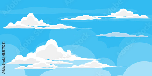 Illustration of a blue sky with white clouds in a flat style. Blue sky background and white clouds. Cartoon sky	