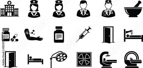 Healthcare Icons Set for Medical Stock Photos-a-professional-medical-icon-set--containing, medical records, a stethoscope, pills, a test tube, a shield, and a clipboard.