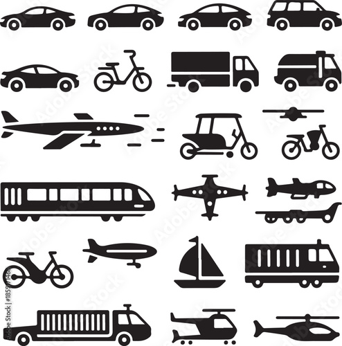 Collection of various transport and vehicle icons isolated on transparent background