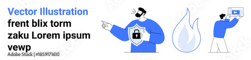 Man holding shield with lock symbol, pointing towards flame and person interacting with screen. Ideal for security, privacy, technology, data protection, innovation, education, simple landing page
