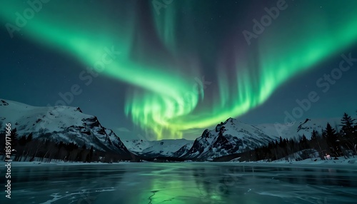 Breathtaking Northern Lights Aurora Borealis Over Frozen Winter Lake