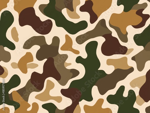 Seamless camouflage pattern with green, brown, and beige shapes. Military inspired abstract background suitable for fabric or design use.