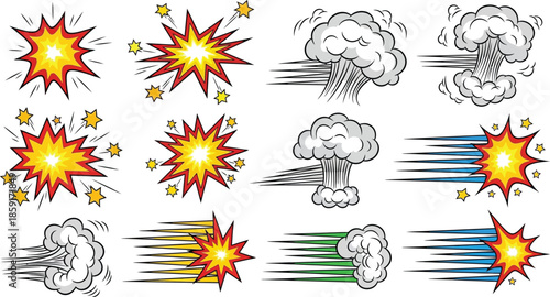 Set of Burst Icons Representing Explosion Bang Comic Style Effects for Emphasis Graphic Design Elements and Visual Storytelling Vector