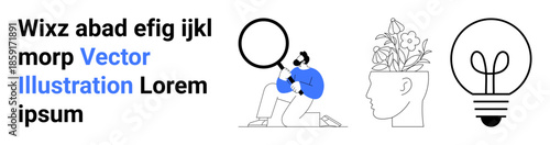 Innovation, creativity, research, self-growth, analytical thinking, inspiration. Person with magnifying glass, plant-filled head light bulb. Innovation and creativity visually through imagery