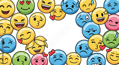 Set of hand drawn emoticons. Vector sketch doodle collection of smiley face icons and expressions.