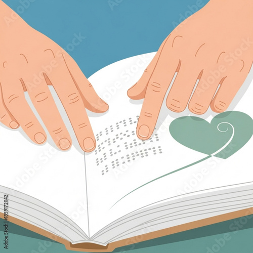 Hands reading braille book concept of accessibility and education for visually impaired people illustration on white background