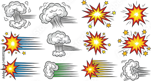 Set of Burst Icons Representing Explosion Bang Comic Style Effects for Emphasis Graphic Design Elements and Visual Storytelling Vector