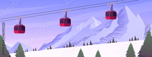 Snowy ski slope and ski lifts, pine trees on a winter mountain background, vector flat winter sports, winter resort