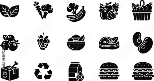 Food and beverage solid icons set – filled, silhouette, culinary and kitchen symbols