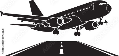 Black silhouette of passenger airplane taking off from airport runway