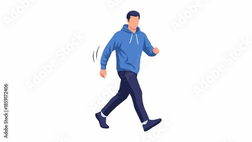 Man in blue hoodie walking confidently on white background.