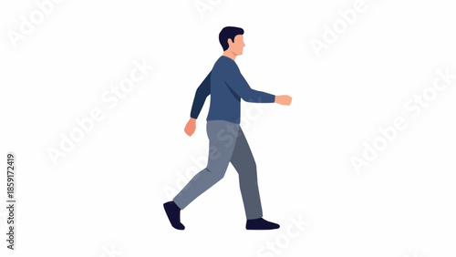 Man in casual clothes walking forward with determined stride.