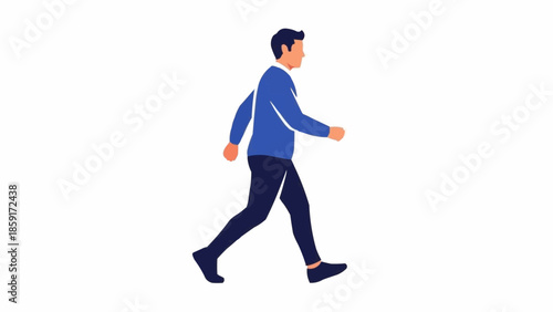 Man walking forward in blue sweater and dark pants isolated on white background.