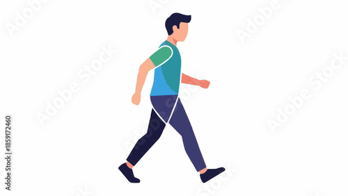 Man walking in casual clothing on white background.