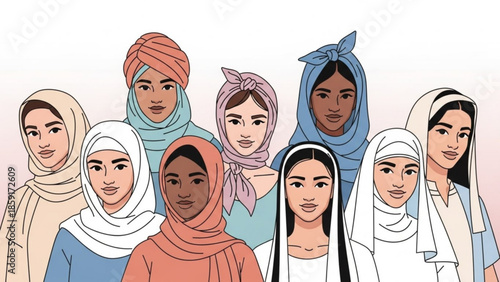 Diverse group of women wearing hijabs and headscarves illustration of female empowerment and cultural diversity isolated on pink backgro