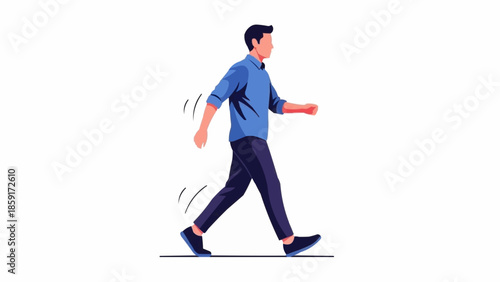 Man walking in a blue shirt and dark pants.