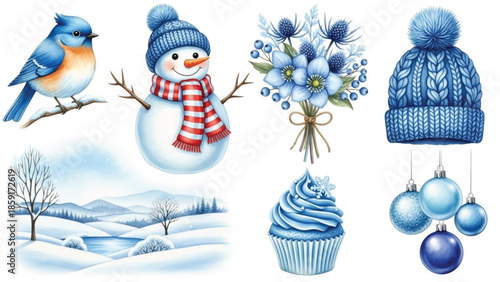 Watercolor Winter Clipart Set with Snowman, Blue Bird, Flowers, Cupcake, Knitted Hat, Ornaments and Snowy Landscape
