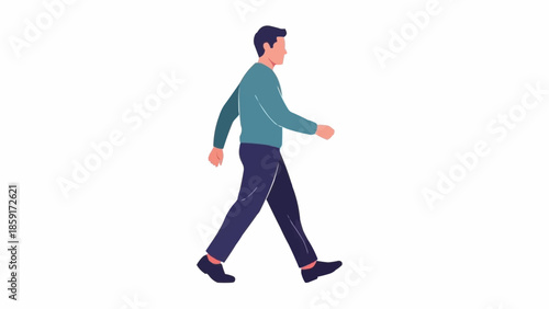 Man walking with stride on white background illustration.