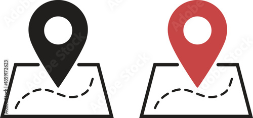 Map location and navigation icon set, GPS pin pointer symbol on globe and paper map, Route destination tracking graphics, Red and black waypoint marker for travel ui ux web design vector illustration.