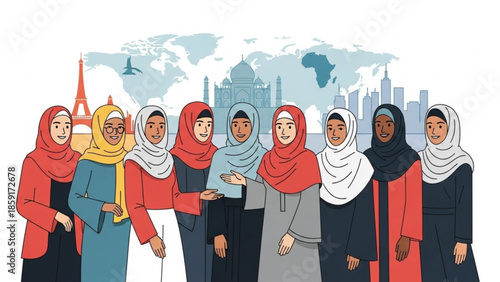 Diverse group of Muslim women in hijabs representing global unity and cultural diversity with landmarks and world map background