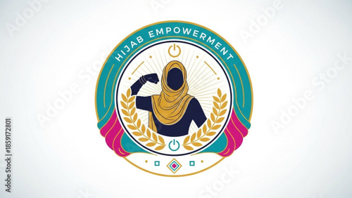 Hijab empowerment logo woman flexing arm in headscarf symbol of strength and confidence for Muslim women isolated on white