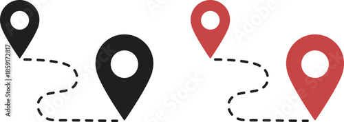 Flat map route icons with large GPS location pin, Red and black navigation pointer symbols for travel path and destination tracking, Vector graphic elements for waypoint and direction design.