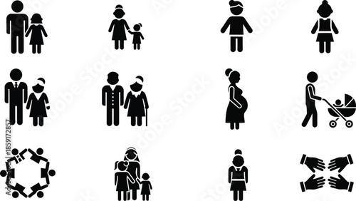 Diverse family types and relationships vector icons set stock illustration