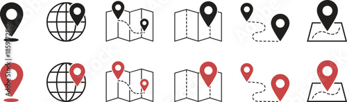 Map location and navigation icon set, GPS pin pointer symbols on globe and paper map, Route destination tracking graphics, Waypoint markers for travel UI UX web design, Vector illustration.
