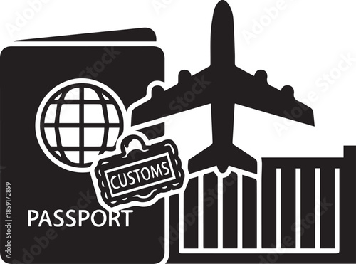 International travel customs passport airplane logistics silhouette vector icon
