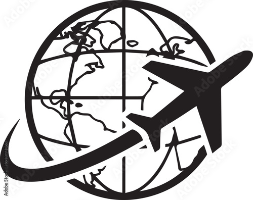 Airplane flying around globe planet Earth symbol for global flight