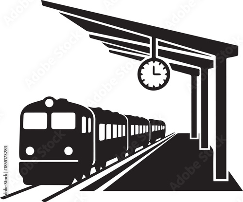 Train station platform with passenger locomotive and hanging clocks