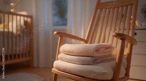 A folded baby blanket resting on a rocking chair in a softly lit nursery, delicate fabric textures emphasizing warmth and parental tenderness — family lifestyle scenes, newborn essentials, and home
