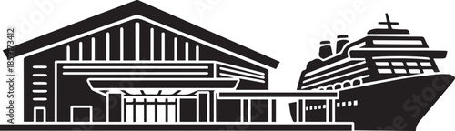 Cruise ship at maritime terminal port building silhouette for docks