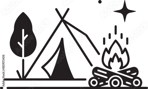 Outdoor camping scene icon with tent tree and campfire under stars